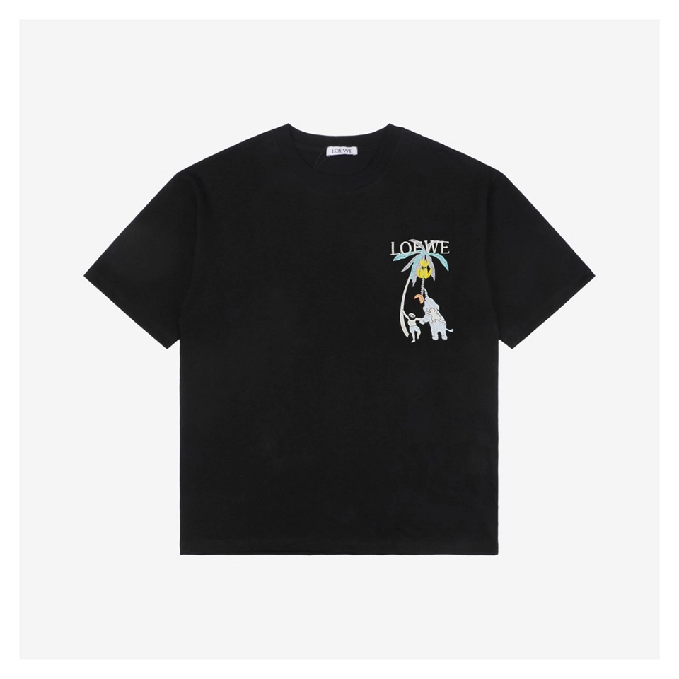 L Banana Tree & Elephant Embroidered T-Shirt (White/Black)