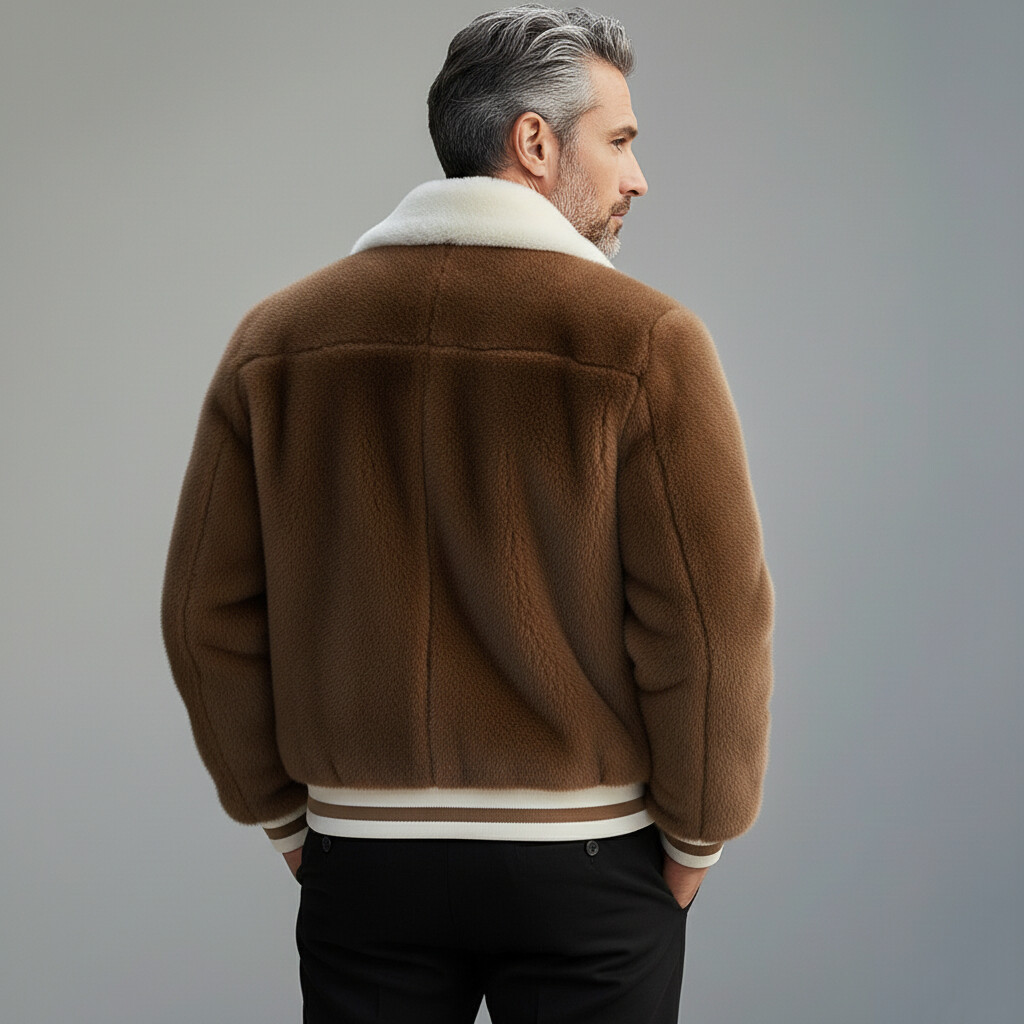 Men's Brown Contrast Striped Turndown Collar Long Sleeve Zipper Plush Jacket