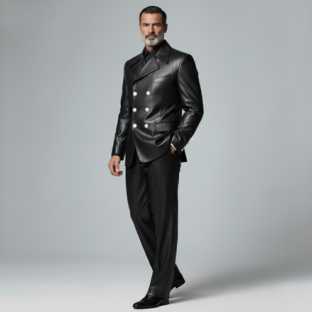 Men's Fashion Black PU Leather Notched Lapel Double Breasted Long Sleeve Blazer & Pants 2Pcs Set