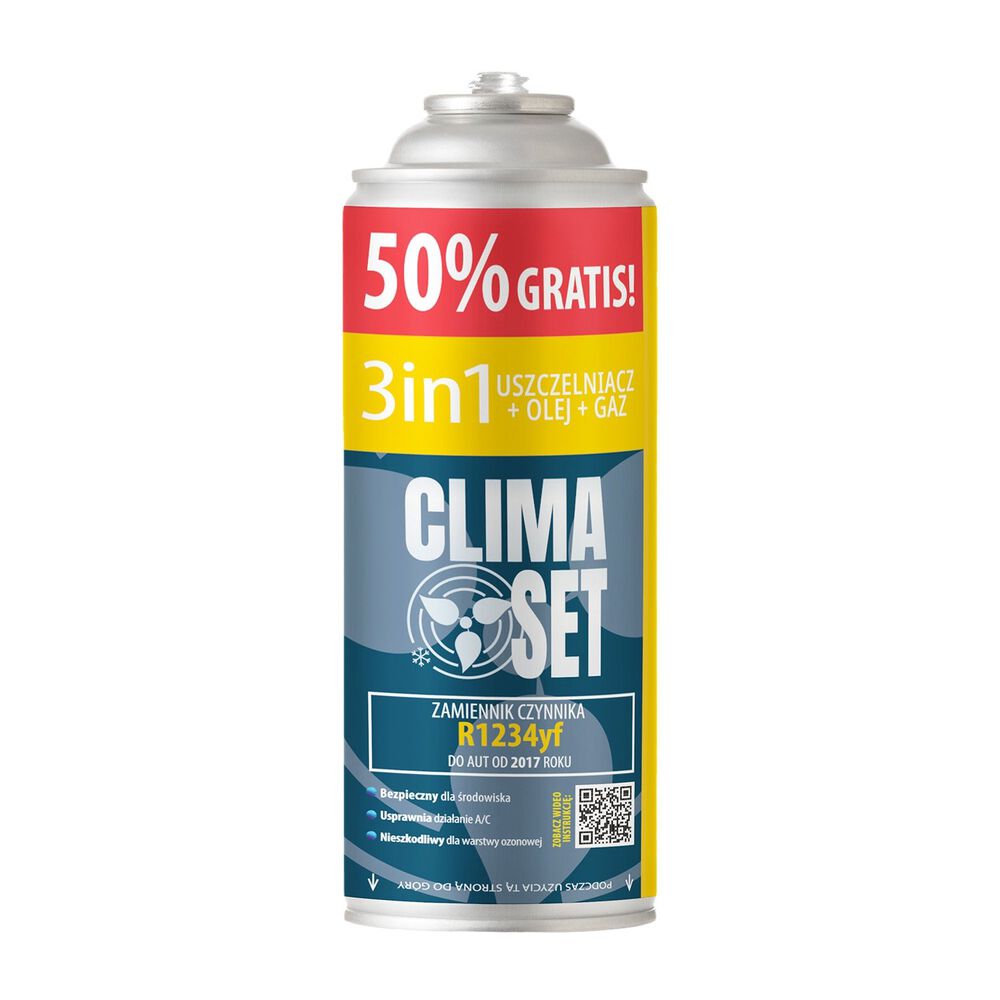 CLIMASETGaz do klimatyzacji ClimaSet 3w1 R1234yf 470g, z przewodem z manometrem, adapterem R1234yf i odświeżaczem do klimatyzacji