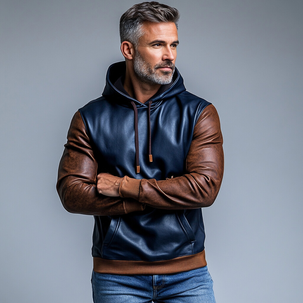 Men's PU Leather Two Tone Pocket Long Sleeve Drawstring Hoodie