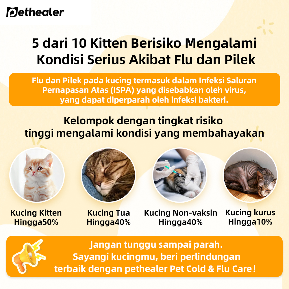 Vitamin Obat Kucing PETHEALER Cold & Flu  untuk Mengatasi Sakit Flu & Pilek Berat, Hidung Tersumbat, Bersin-Bersin, Mata Berair, Basmi Bakteri dan Virus, Tingkatkan Sistem Imun/Daya Tahan Tubuh