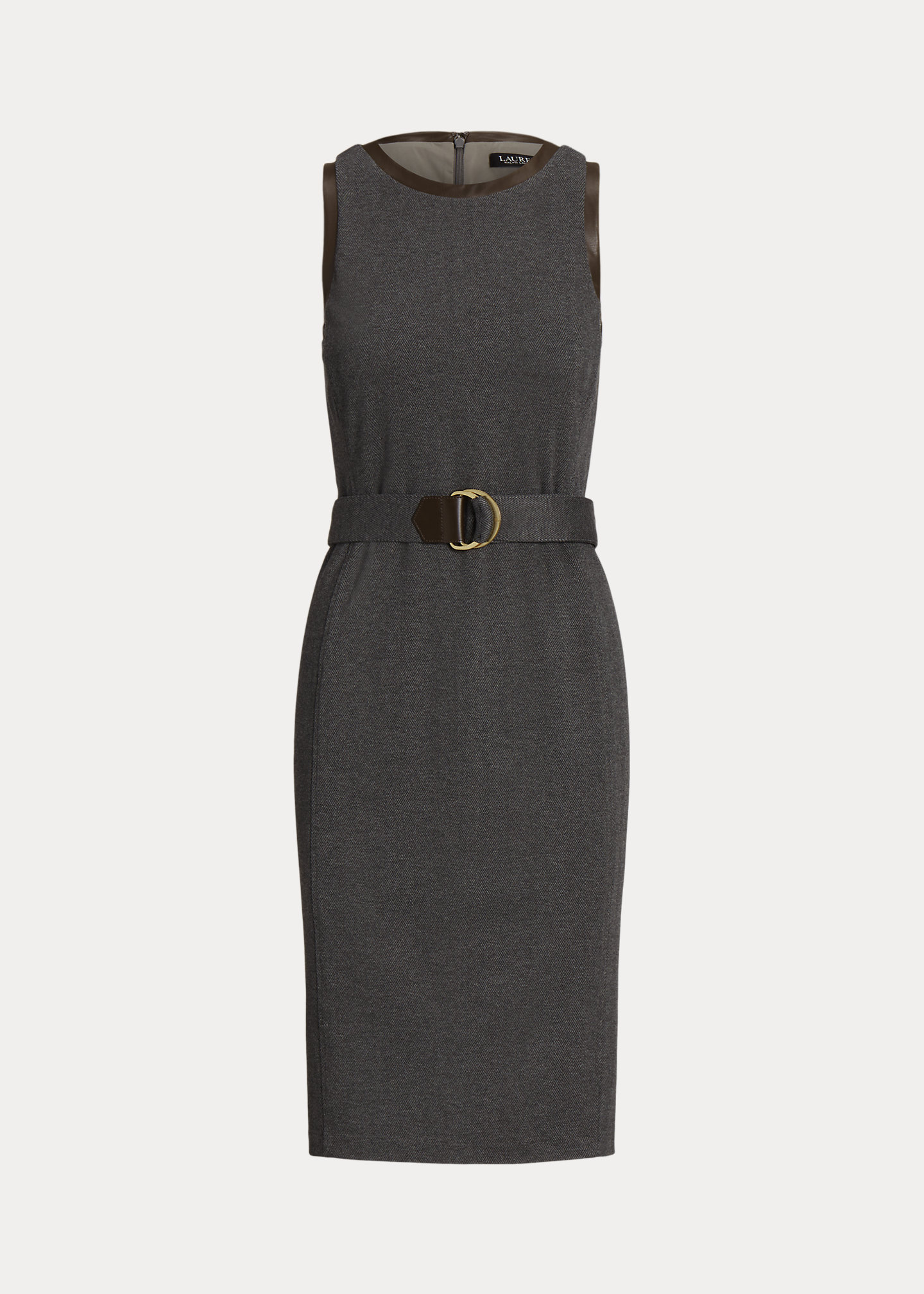 Faux-Leather-Trim Belted Jacquard Dress