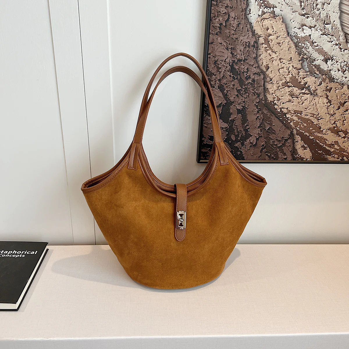 Turn Lock Suede Tote