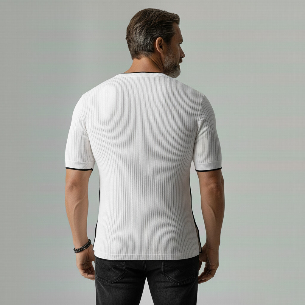 Men's Casual White Contrast Binding Side Buttons Ribbed T-Shirt