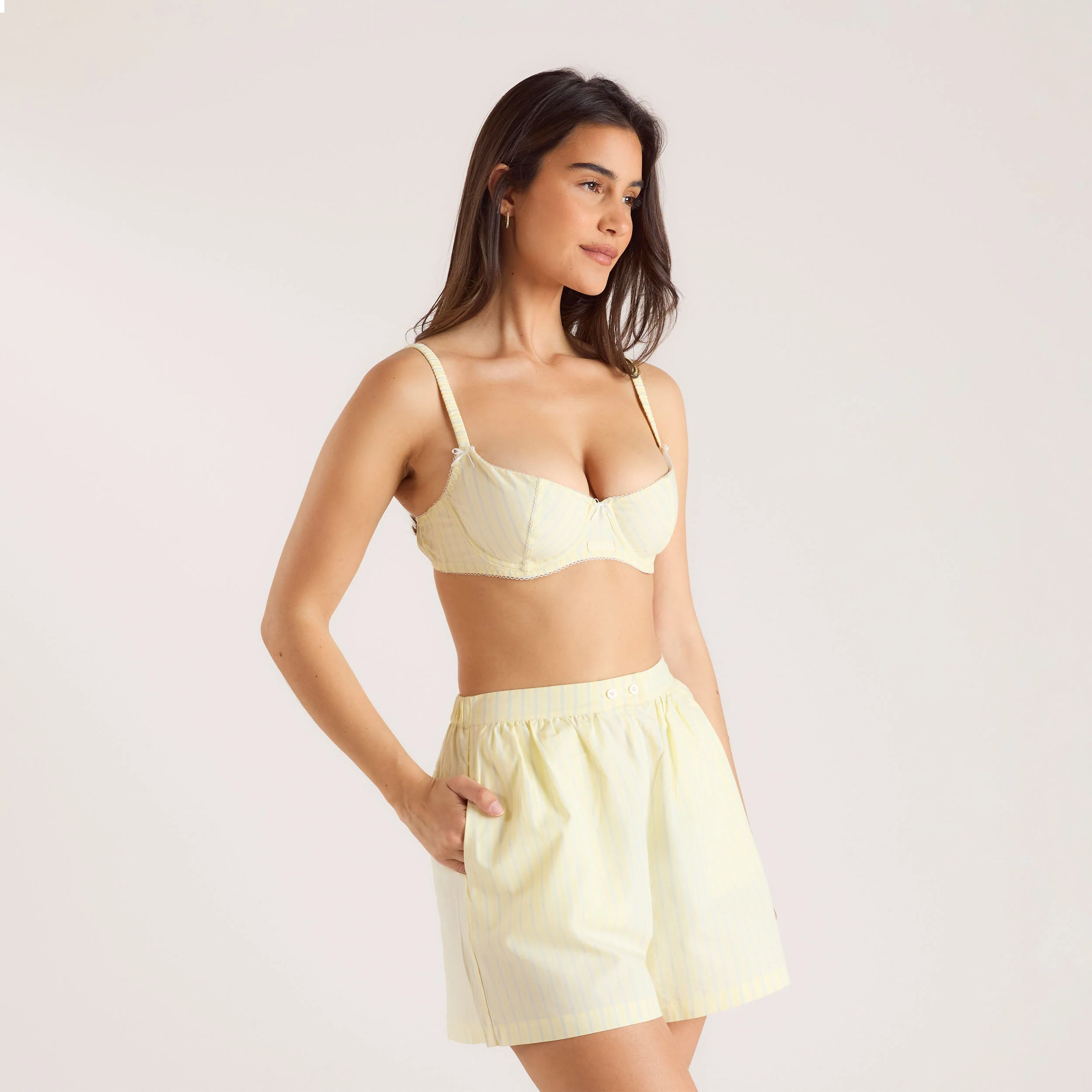 Striped Cotton Balcony Bra - Yellow