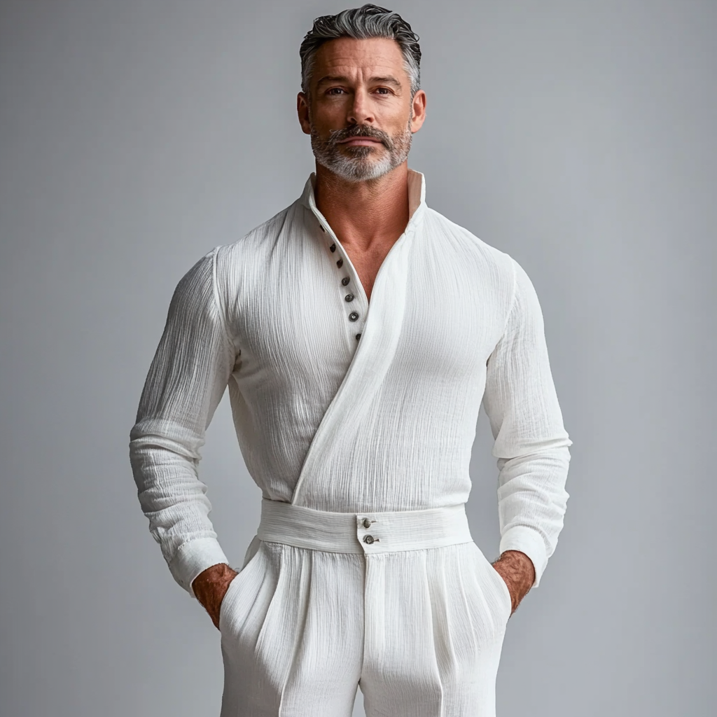 Men's Stand Collar Half Button Wrap Long Sleeve Shirt