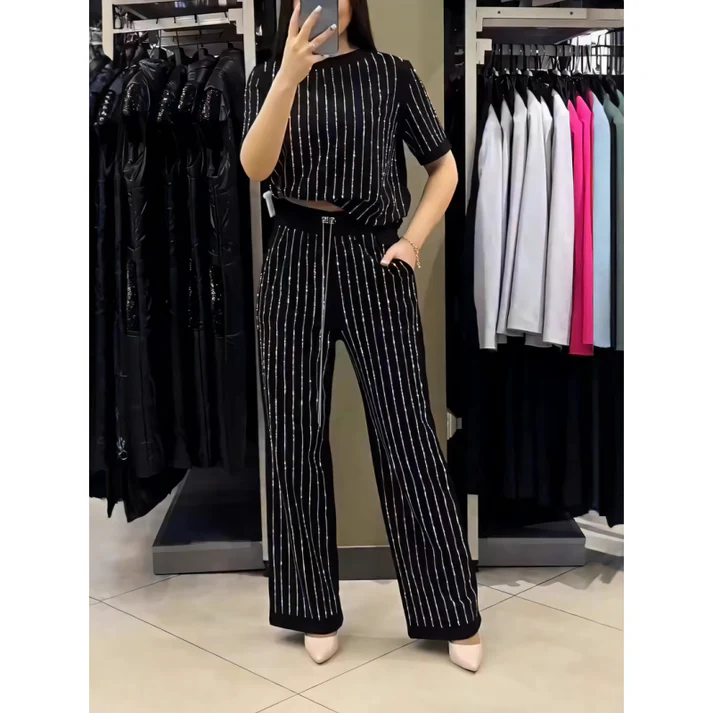 Limited Time Discount Fashion 💖Women's Sparkling Rhinestone Striped Knit Two-Piece Set