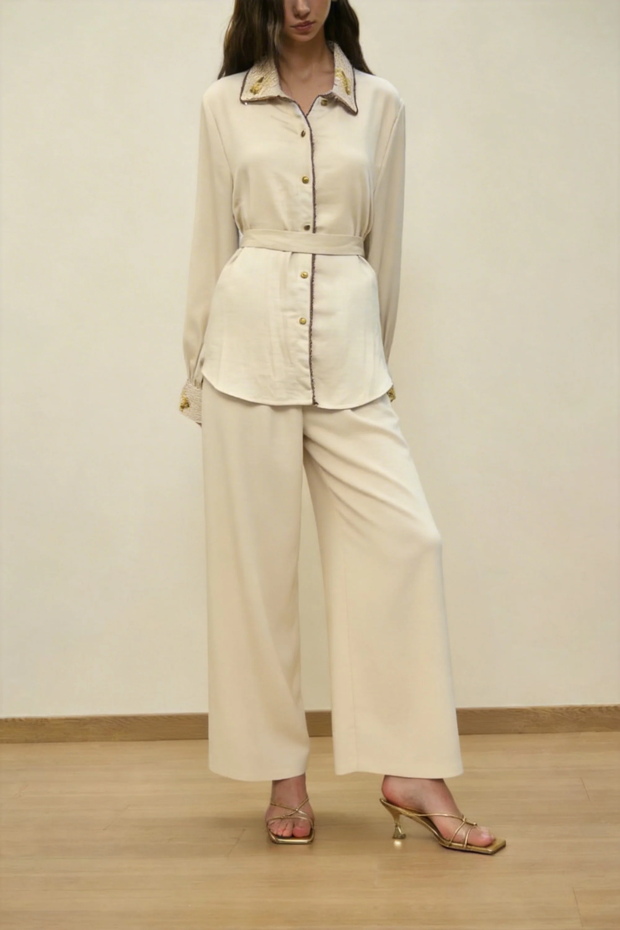 Ivory Embellished Collar Belted Co-ord Set