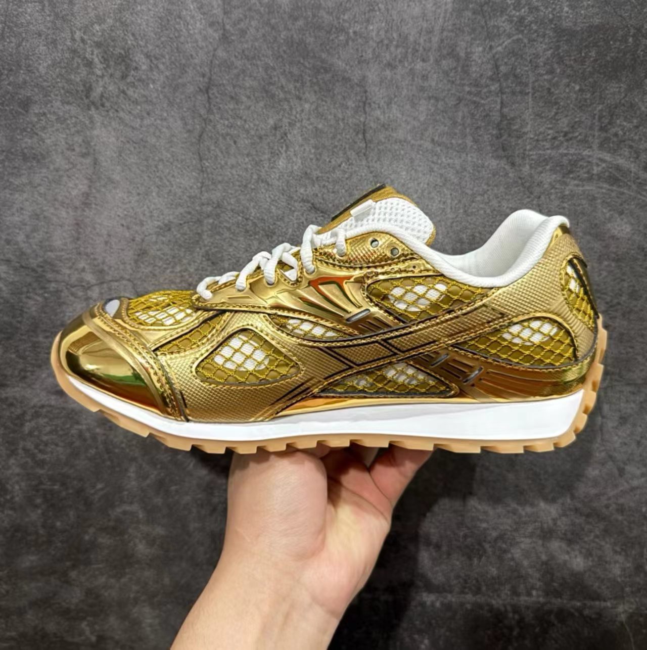Bottega Veneta Orbit Sneakers Gold Mesh and Metallic Leather