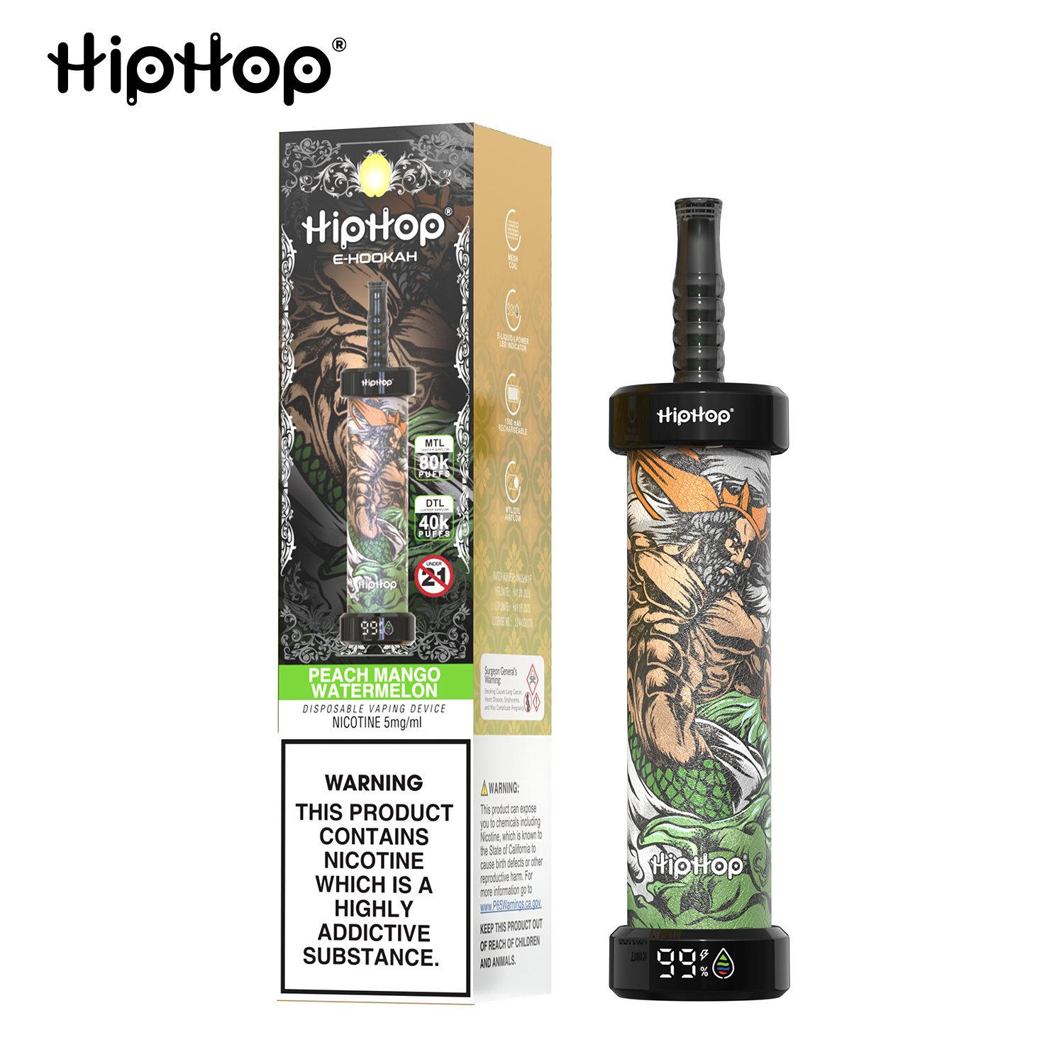 HIPHOP 80k Puffs Prefilled Hookah Vape |  Rechargeable