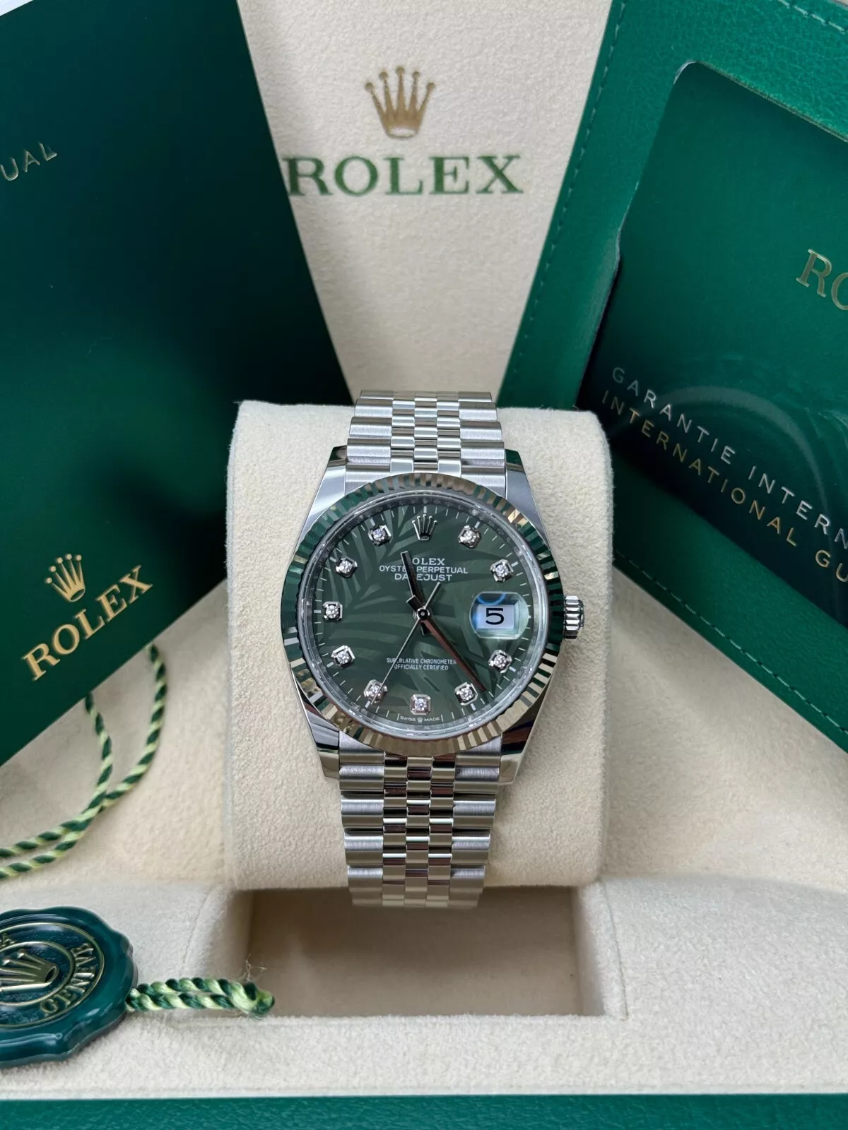[2026 Mirror Grade]RLX  Datejust 36mm 126234-0055 Olive Green Palm Motif Diamond Dial Jubilee Stainless Steel Watch