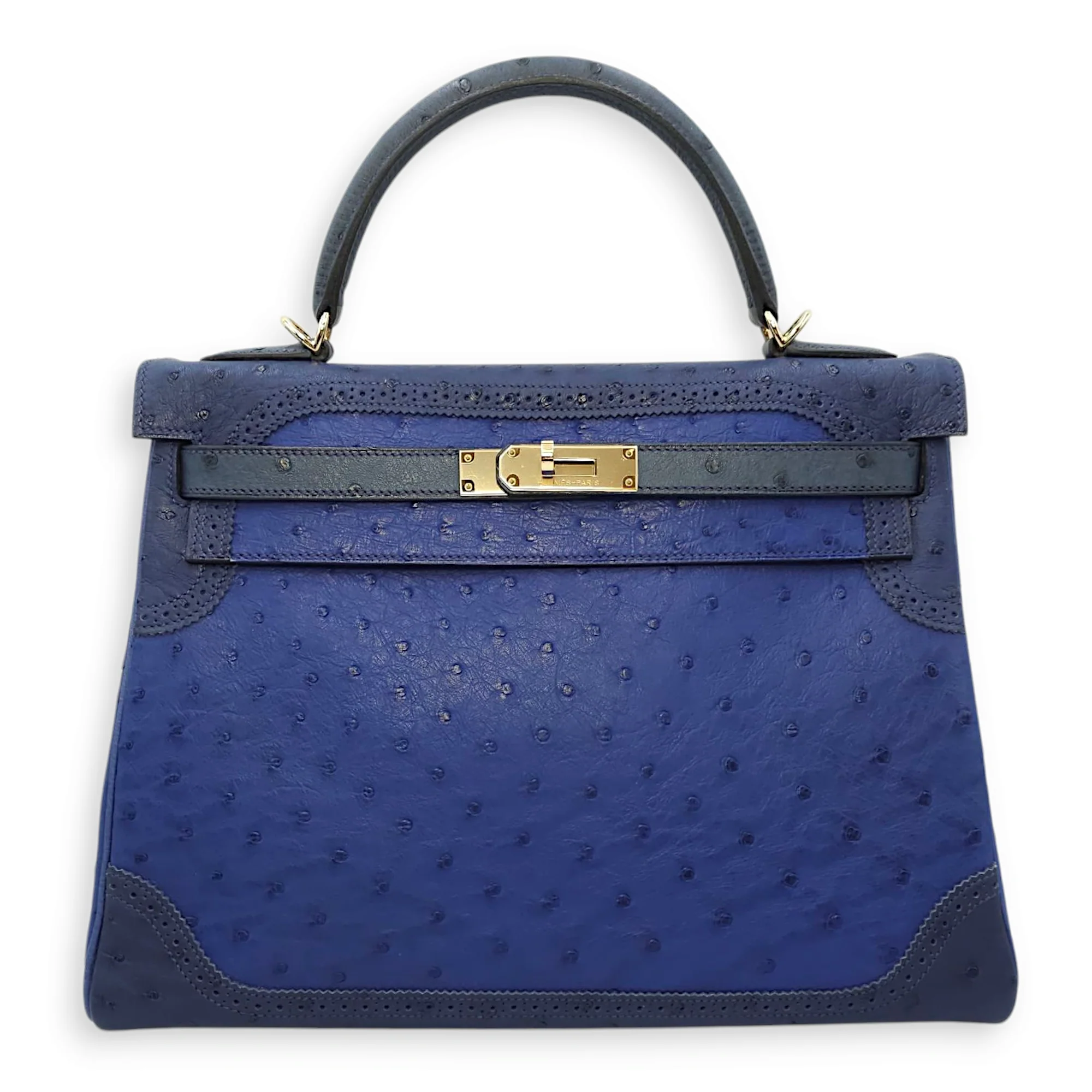 Kelly 32 Blue Sapphire/Blue Iris/Blue de Malte in Ostrich, Permabrass hardware