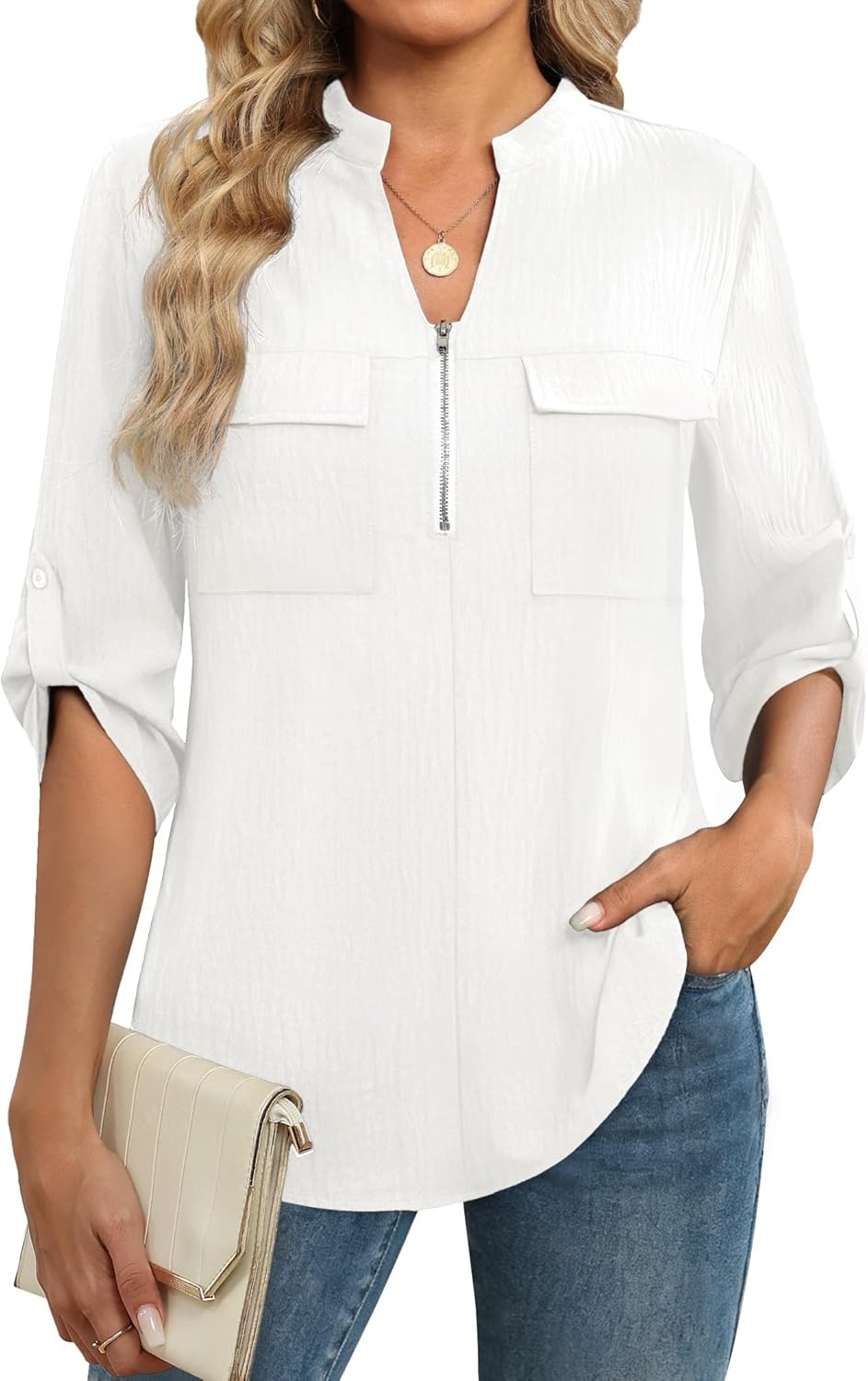 Funlingo Women's 3/4 Length Sleeve Tops Business Casual Blouses Zip Front V Neck Work Shirts Loose Fit Tunic Tops 2026