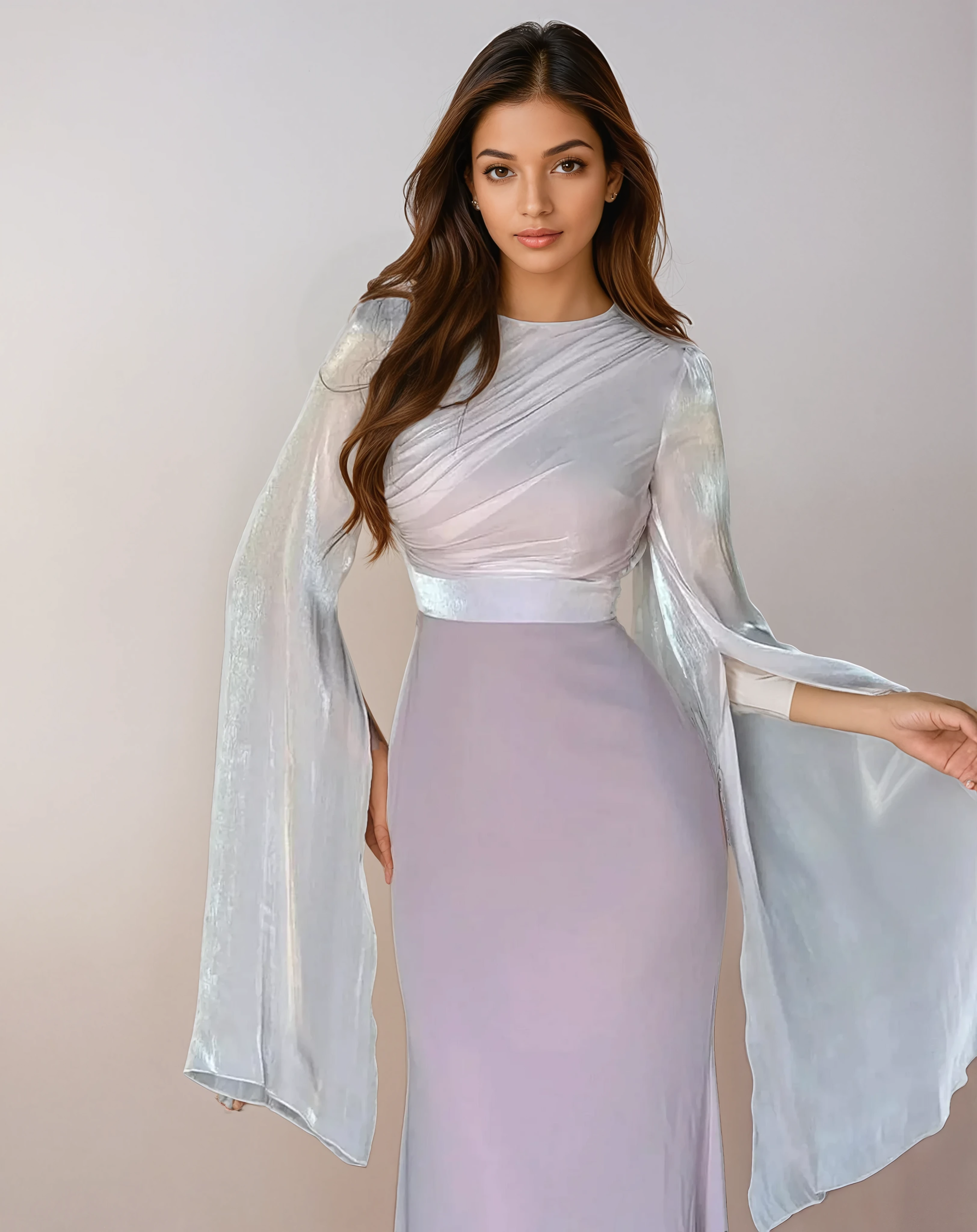 Pink Satin Maxi Dress with Split Sleeves – Modest and Refined Look
