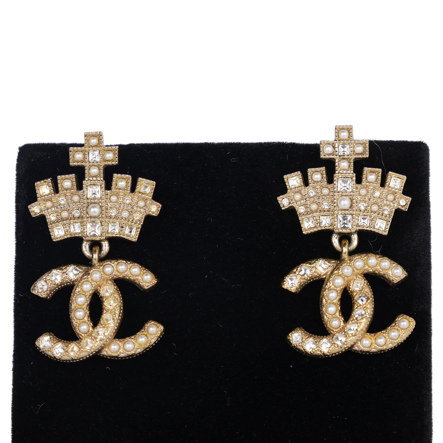 Faux Pearl & Strass CC Crown Drop Pierced Earrings