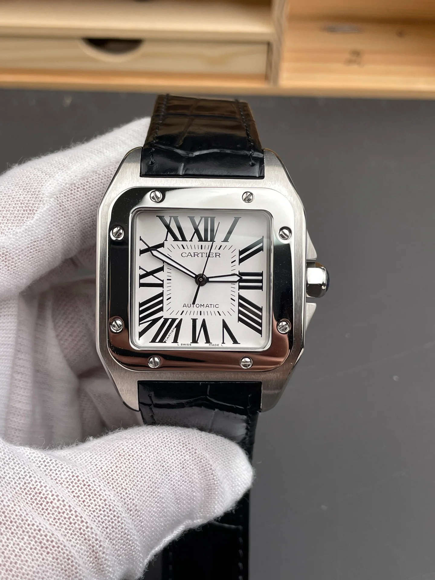 Santos White Sunburst Dial with Roman Numerals