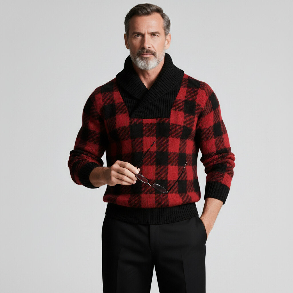 Men's Red Plaid Print Shawl Collar Long Sleeve Knit Sweater