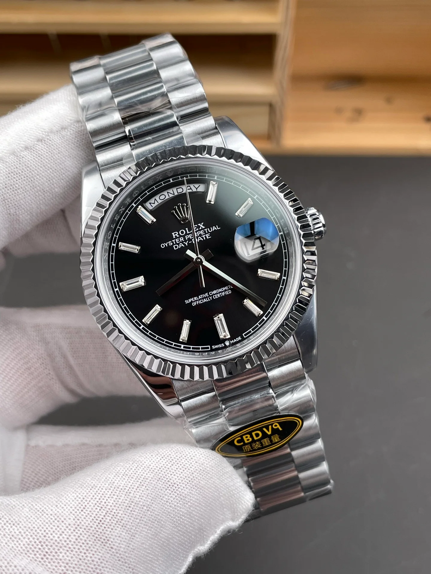 White Gold Day-Date Black Dial with Ice Blue Crystal Markers