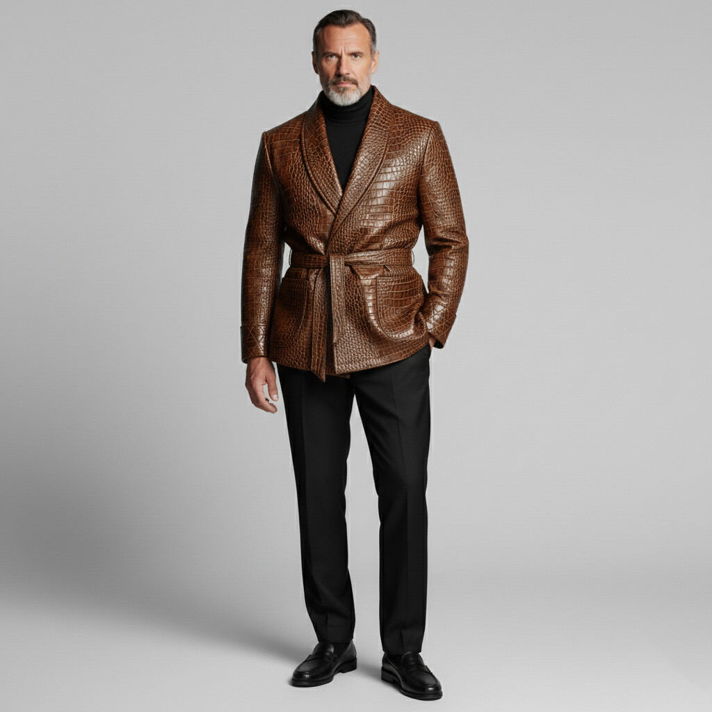 Men's Brown Crocodile PU Leather Shawl Lapel Long Sleeve Pocket Belt Blazer