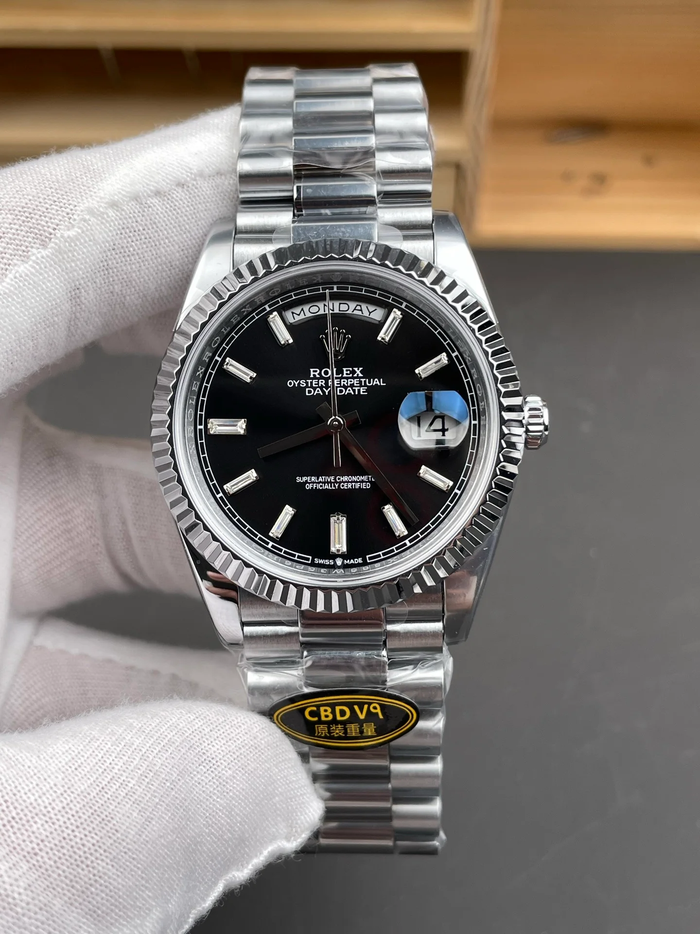 White Gold Day-Date Black Dial with Ice Blue Crystal Markers