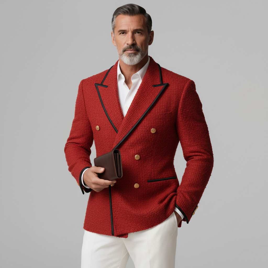 Men's Business Red Textured Peak Lapel Double Breasted Long Sleeve Contrast Binding Blazer