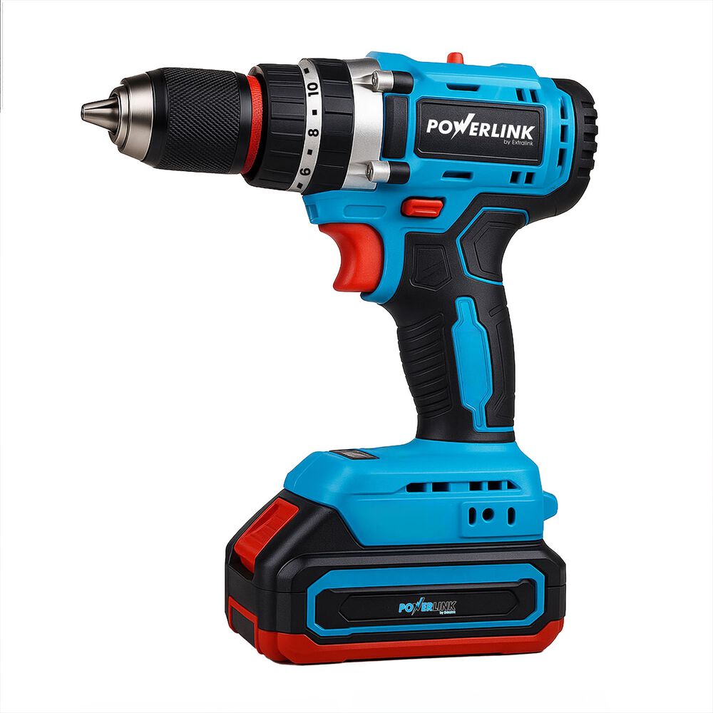 POWERLINK Akumulatorowa wiertarko-wkrętarka udarowa z silnikiem bezszczotkowym Powerlink, 20 V, 50 Nm, 13 mm, 2x akumulator 1,5 Ah i walizka