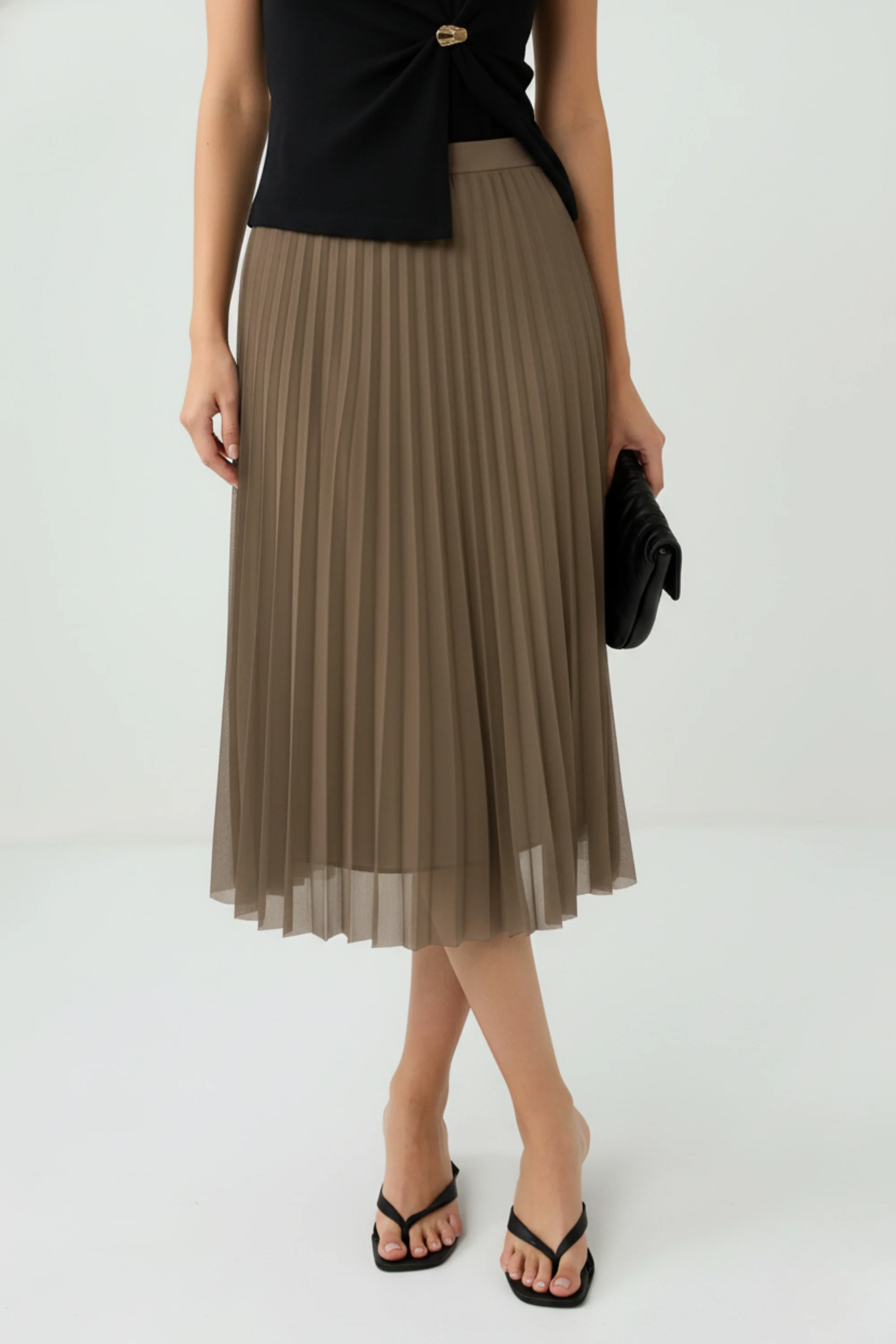Beige Mesh Pleated Skirt