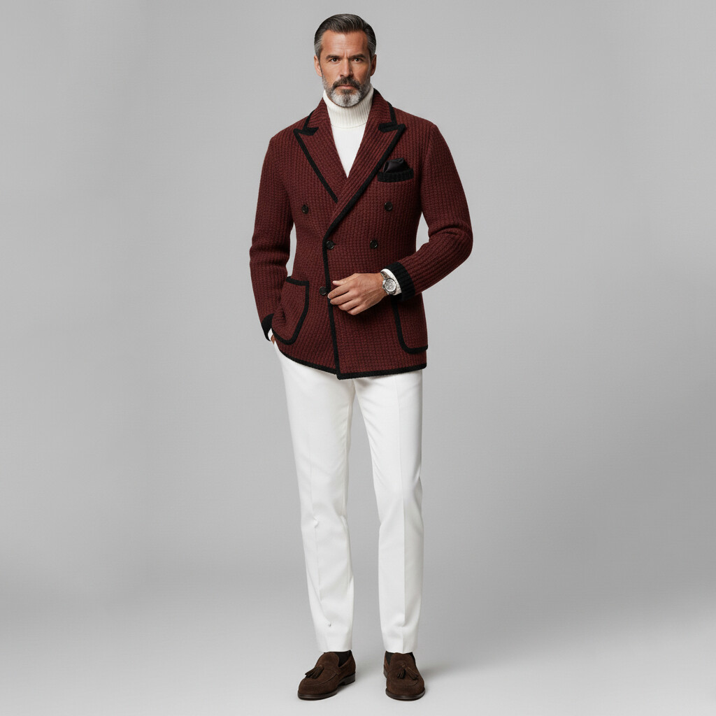 Men's Burgundy Knitted Peak Lapel Double Breasted Long Sleeve Pocket Contrast Trim Blazer