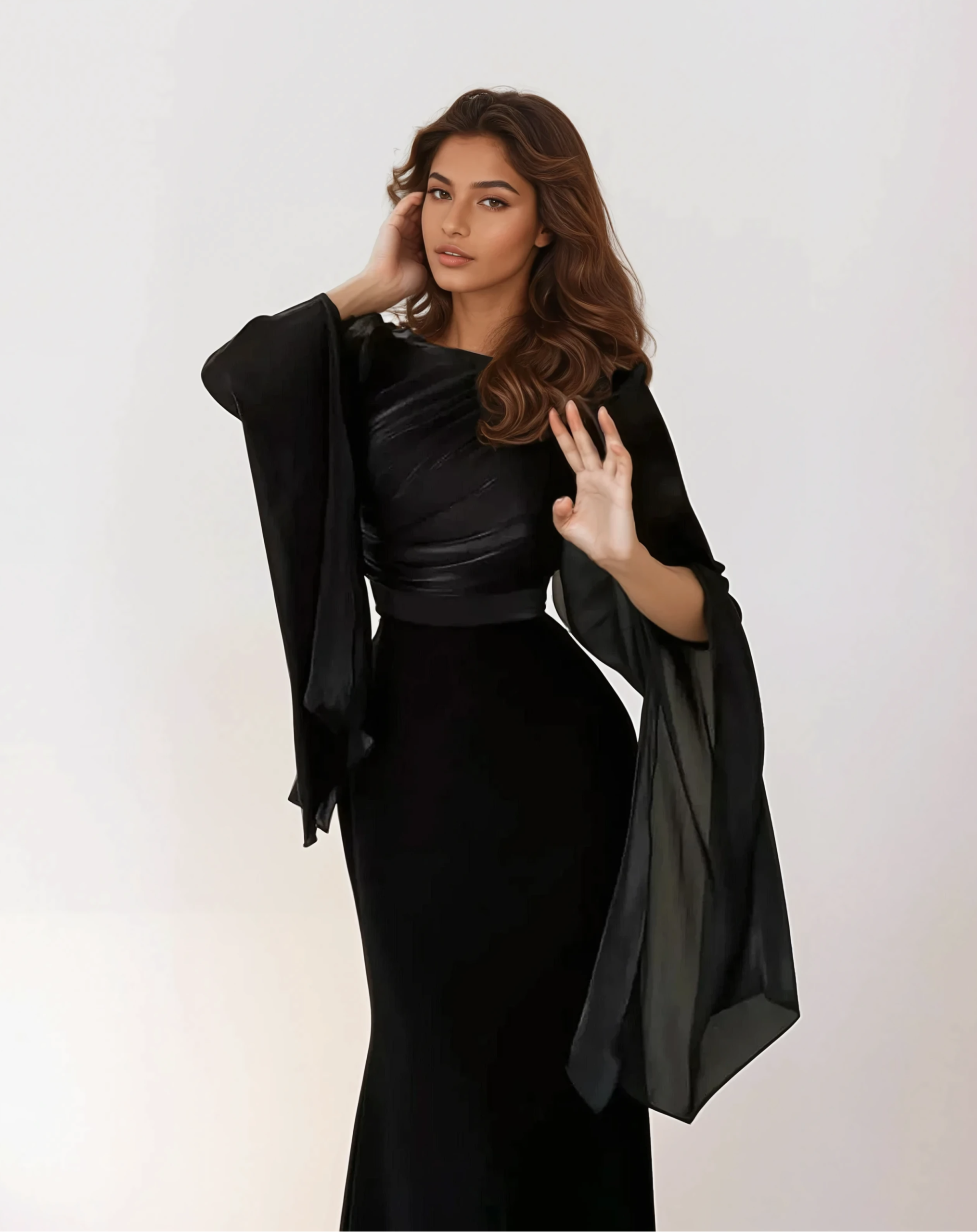 Elegant Black Satin Maxi Dress with Split Sleeves – Modest Evening Style