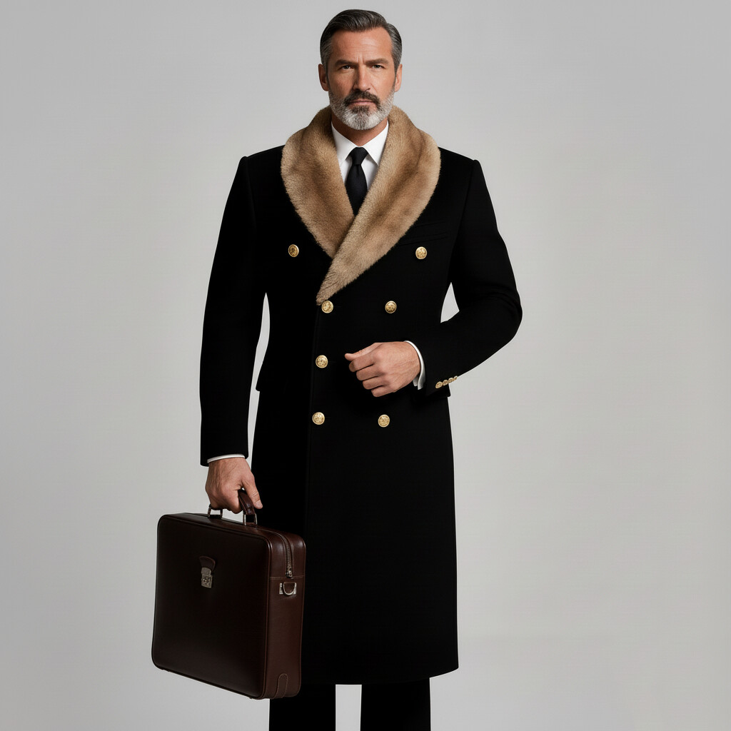 Men's Black Fur Shawl Lapel Double Breasted Long Sleeve Mid-Length Trench Coats