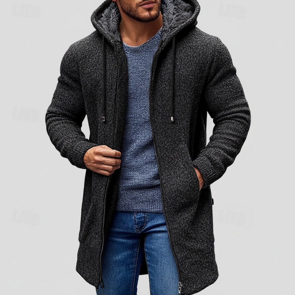 Men's Casual Drawstring Sherpa-Lined Zip Up Long Sleeve Hooded Cardigans
