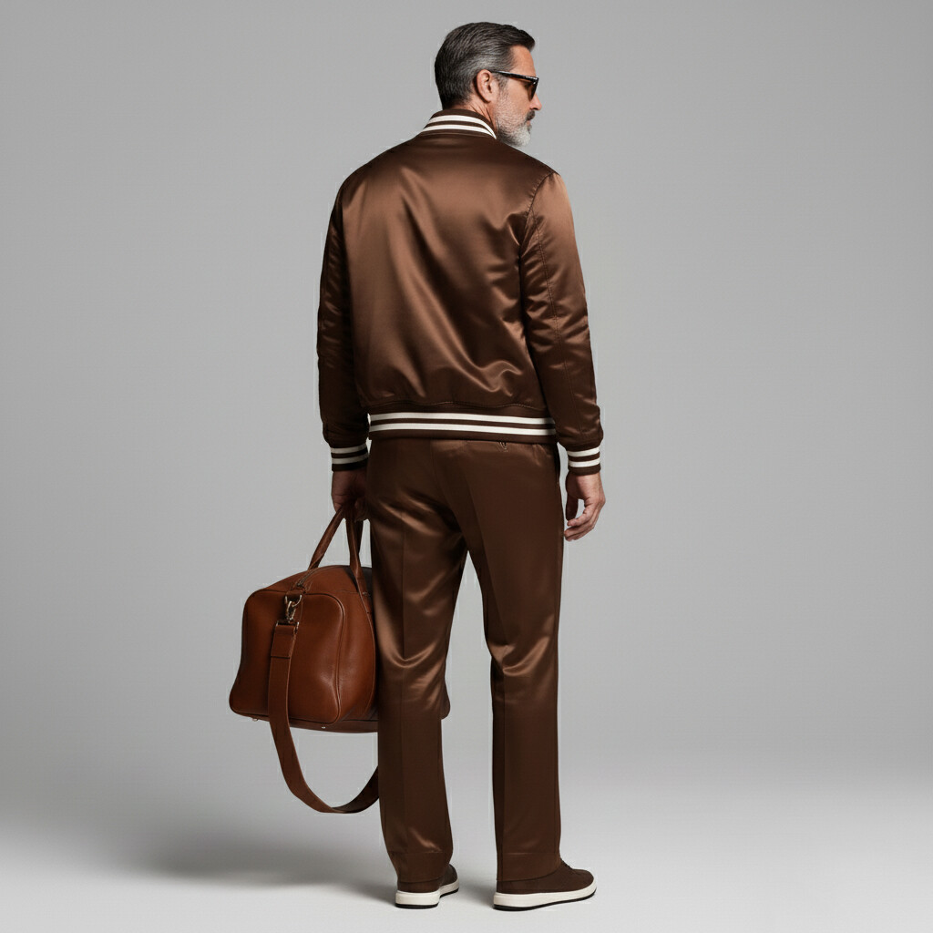 Men's Brown Striped Trim Stand Collar Long Sleeve Zipper Satin Bomber Jacket & Pocket Pants 2Pcs Set