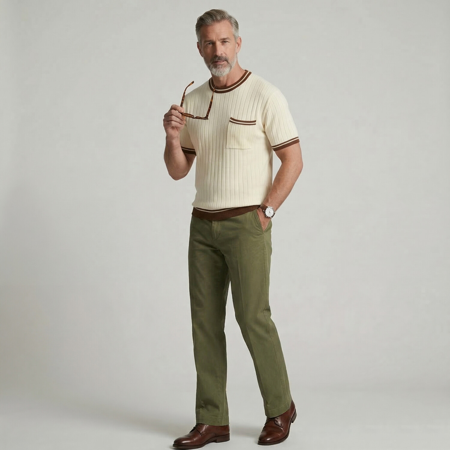 Men's Business Casual Contrast Trim Chest Pocket Crew Neck Ribbed T-Shirt