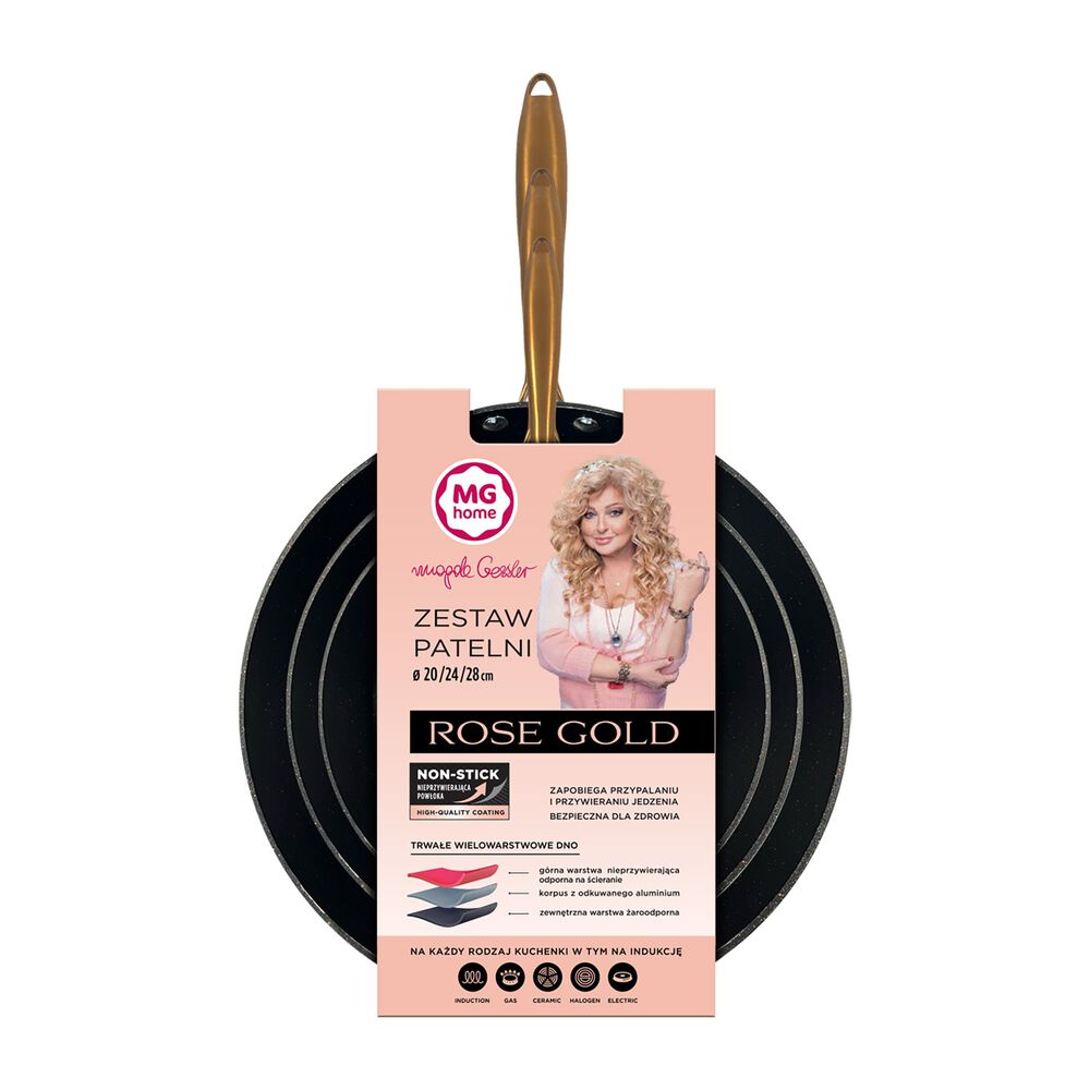 MG HOME Zestaw patelni MG Home Rose Gold, 3 elementy, czarne