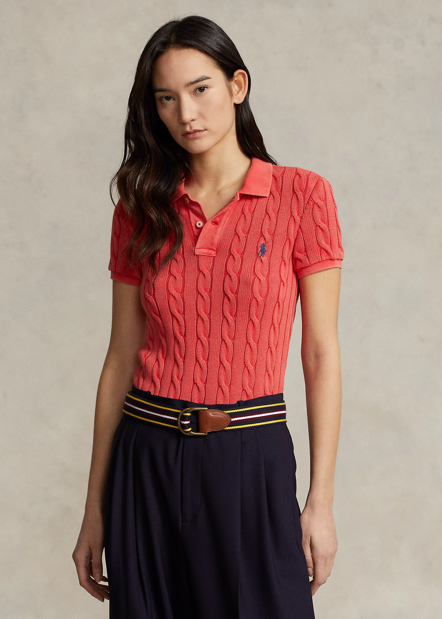 Slim Fit Cable-Knit Polo Shirt