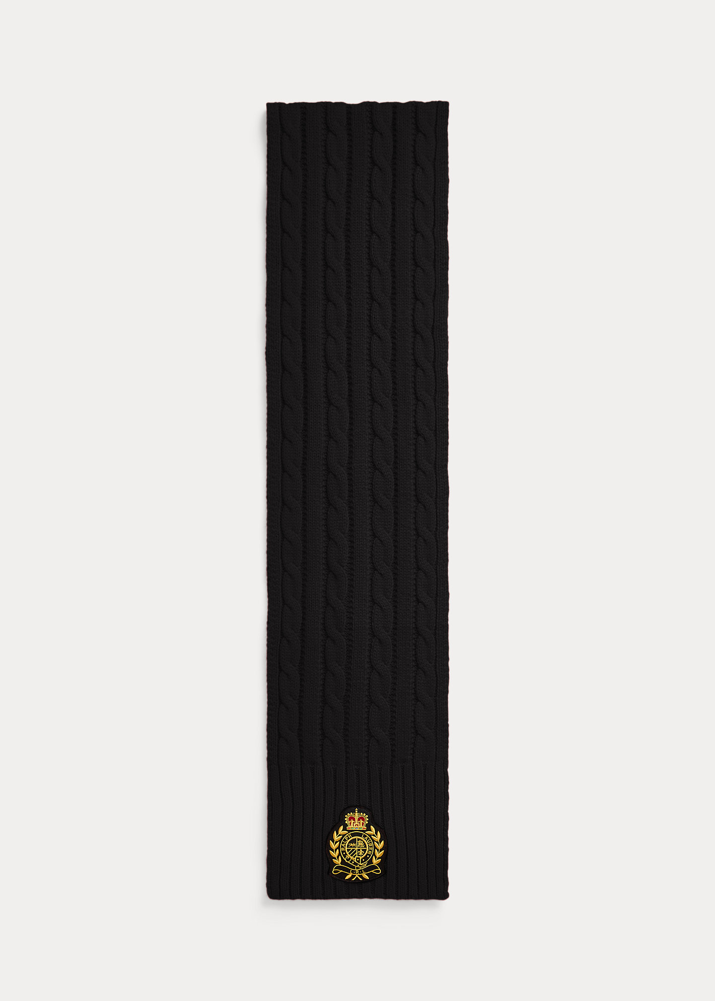 Crest-Patch Cable-Knit Scarf