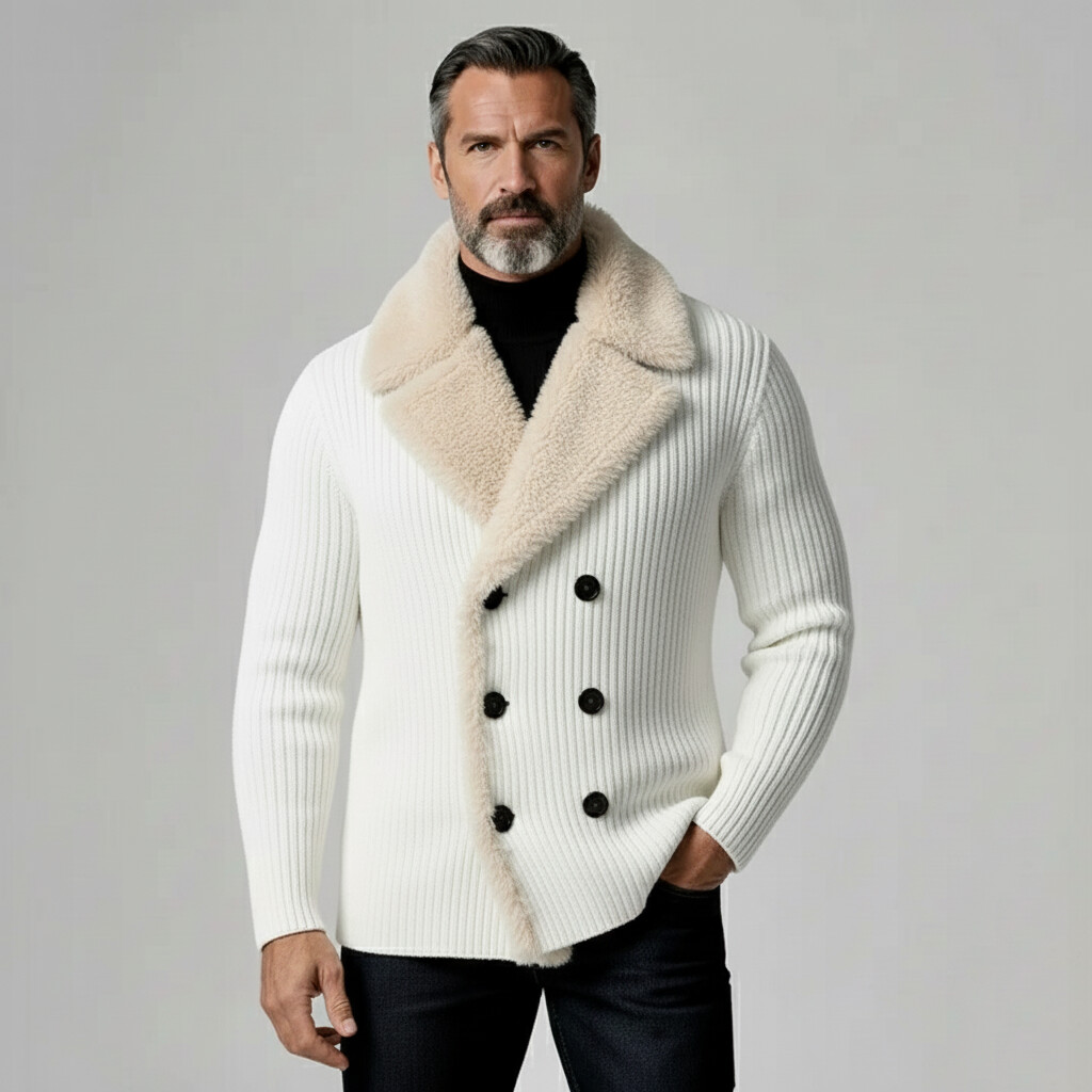 Men's White Shearling Lapel Double-Breasted Long Sleeve Ribbed Knit Blazer