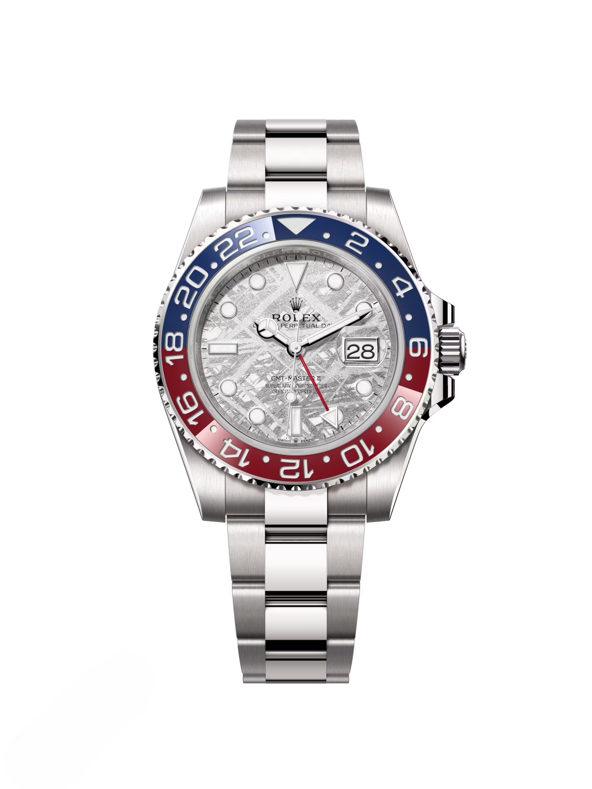 [2026 Mirror Grade]RLX White Gold GMT-Master II 40mm Watch - Blue and Red Pepsi Bezel - Meteorite Dial - Oyster Bracelet (Ref # 126719BLRO )