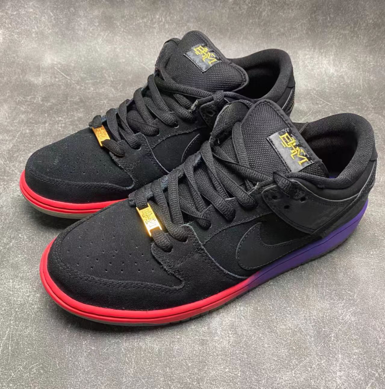 Nike Dunk Low Black Suede Red Purple Gradient Outsole
