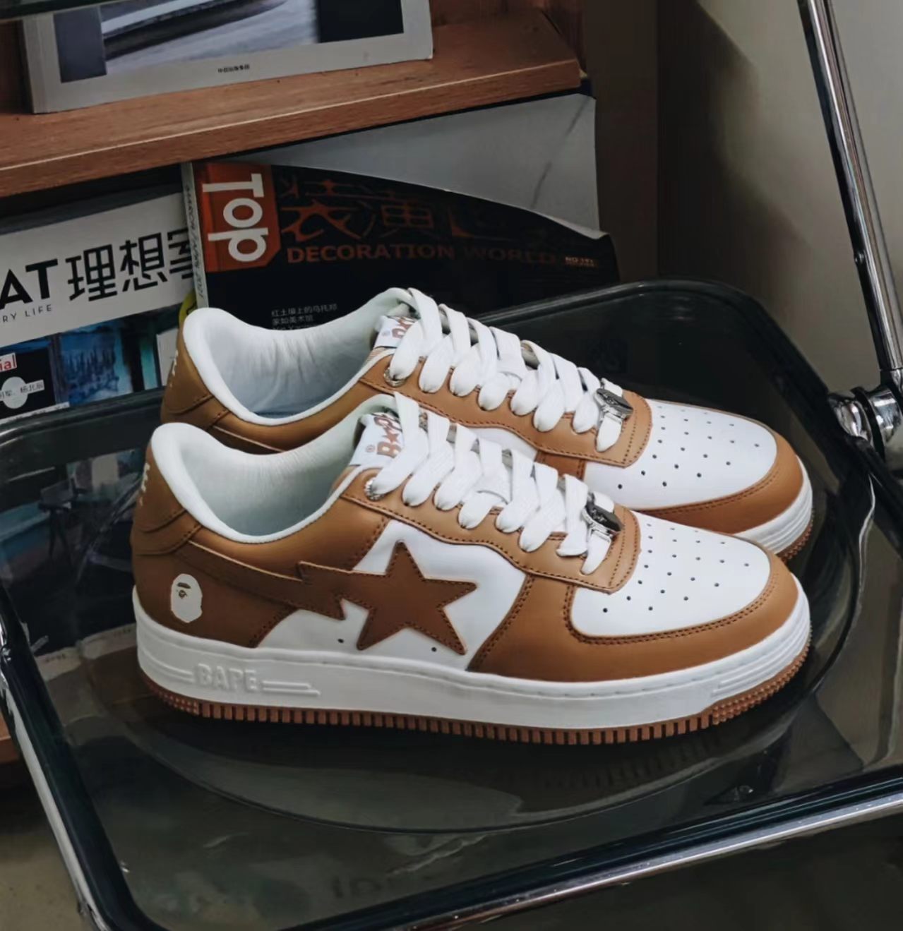 A Bathing Ape Bape Sta Low White Tan Leather