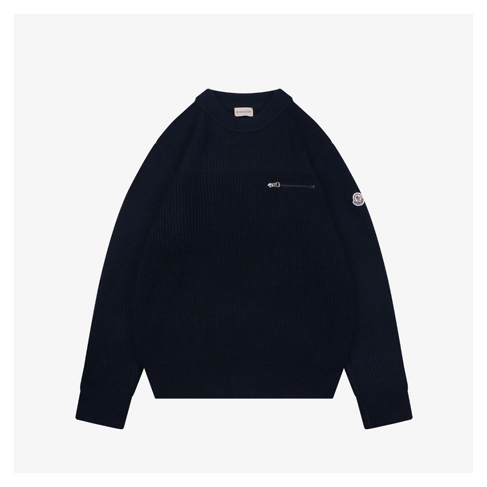 Mxxcler Arm Patch Zip Pocket Crew Neck Knit Sweater (Brown/Black)
