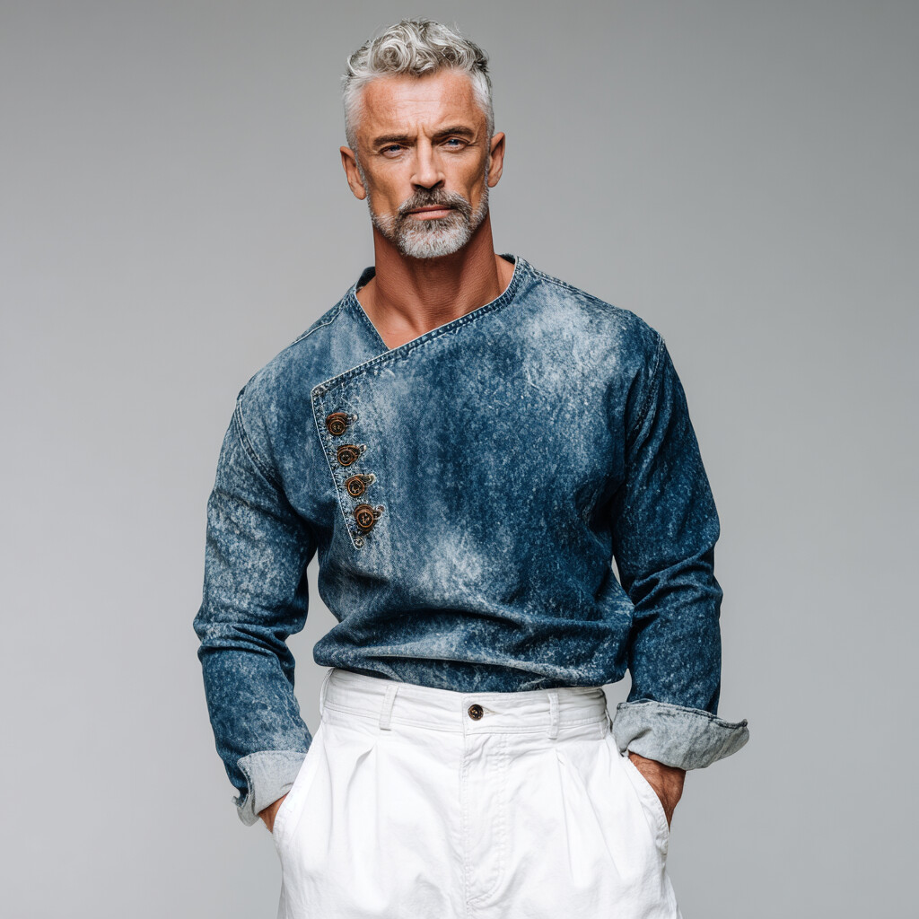 Men's Washed Denim Asymmetrical Button Placket Long Sleeve Denim Shirt