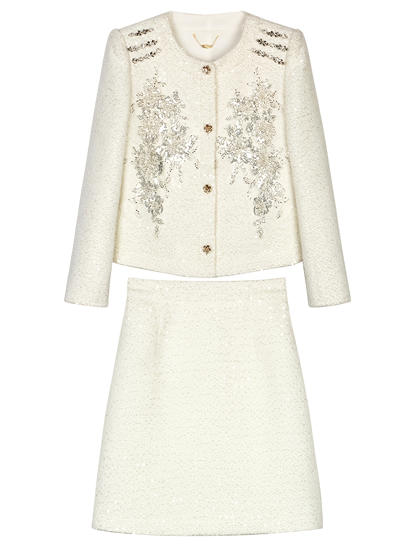 Elegant Sequin & Rhinestone Tweed Jacket and Skirt Set for Women