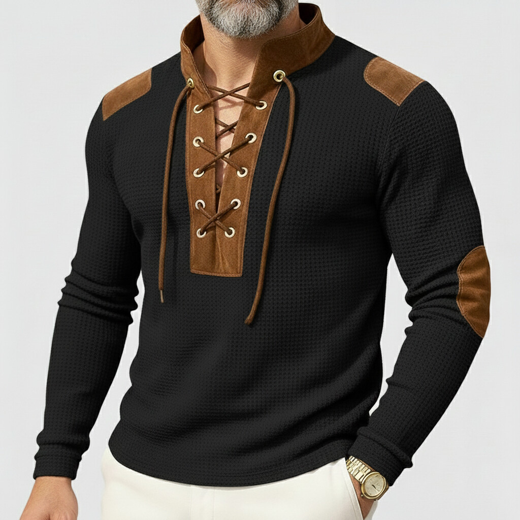 Men's Retro Patchwork Chamois Stand-Up Collar Lace-Up Long Sleeve Shirts