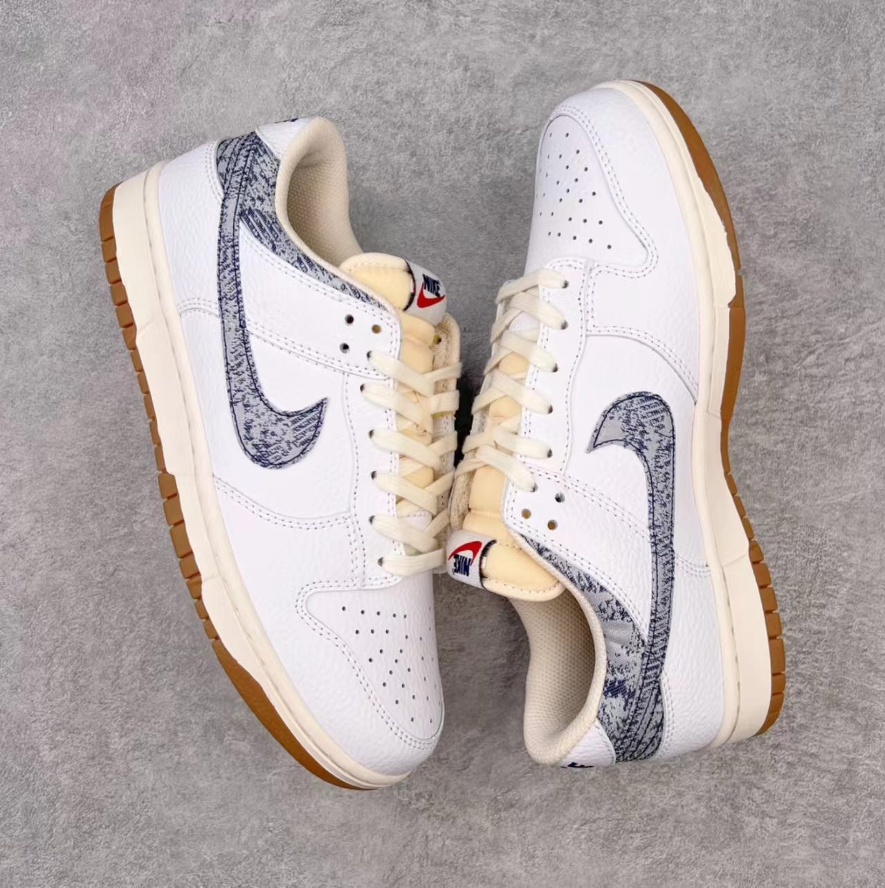 Nike Dunk Low White Pebble Leather Denim Woven Swoosh Gum Outsole