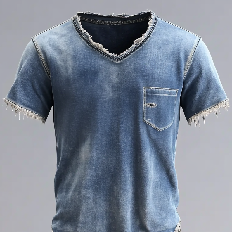 Men's V Neck Short Sleeve Raw Edge Chest Pocket Denim T-Shirt