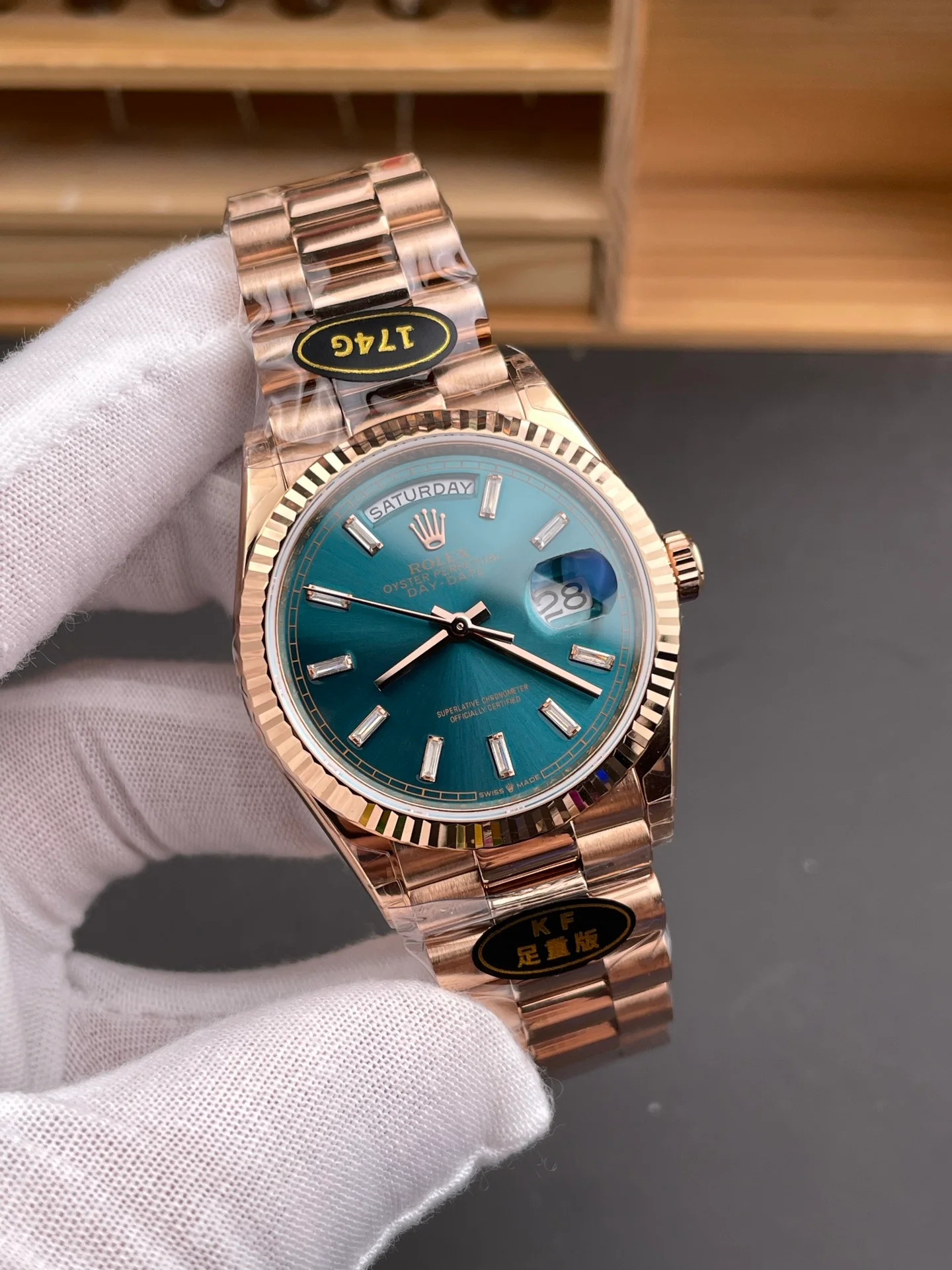 Rose Gold Blue-Green Dial Day-Date