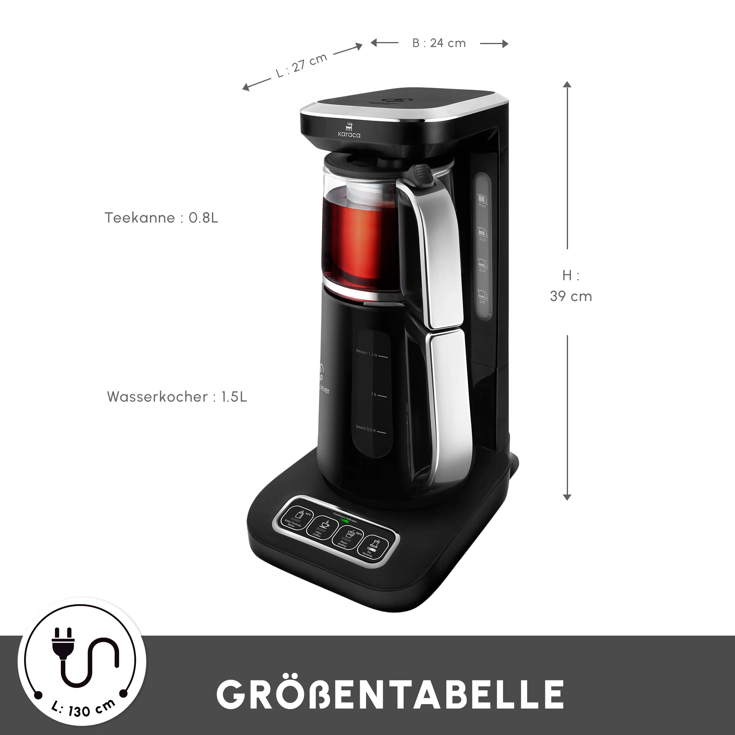 Théière Bouilloire et cafetière filtre Karaca Caysever Robotea Pro 4 en 1 automatique parlant, 2500W, chrome