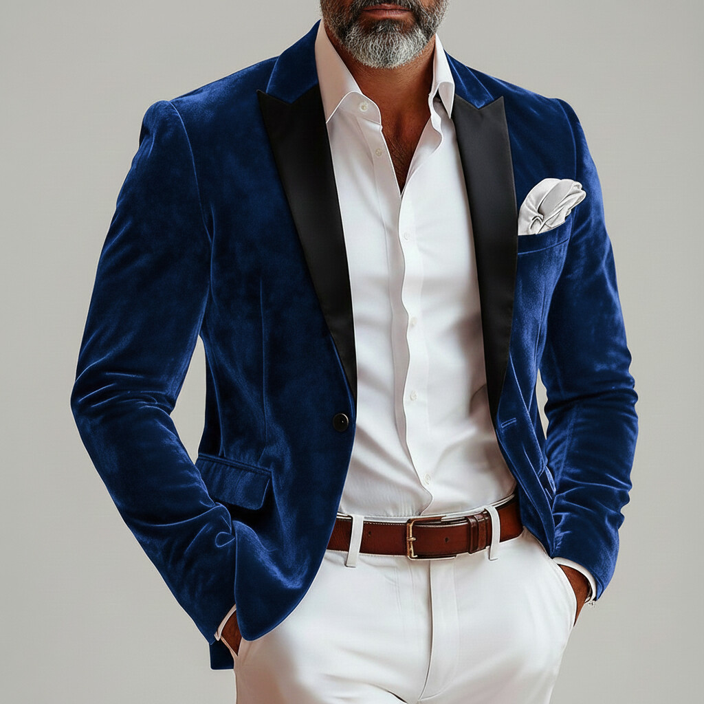 Men's Red Contrast Peaked Lapel One Button Long Sleeve Chest Pocket Velvet Blazer